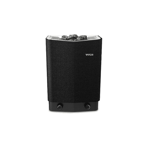 Tylö Sense Sport Saunaofen in Schwarz mit integrierter Steuerung und gefülltem Steinkorb, zwei Bedienknöpfe sichtbar