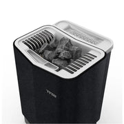 Tylö Sense Combi Saunaofen 6–10 kW mit Saunasteinen und Elite Steuerung, Detailansicht des schwarzen Ofens mit weißem Innenraum