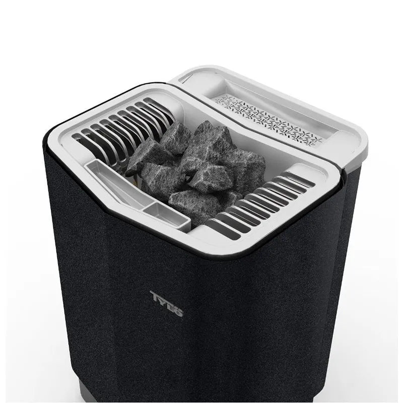 Tylö Sense Combi Saunaofen 6–10 kW mit Saunasteinen und Elite Steuerung, Detailansicht des schwarzen Ofens mit weißem Innenraum