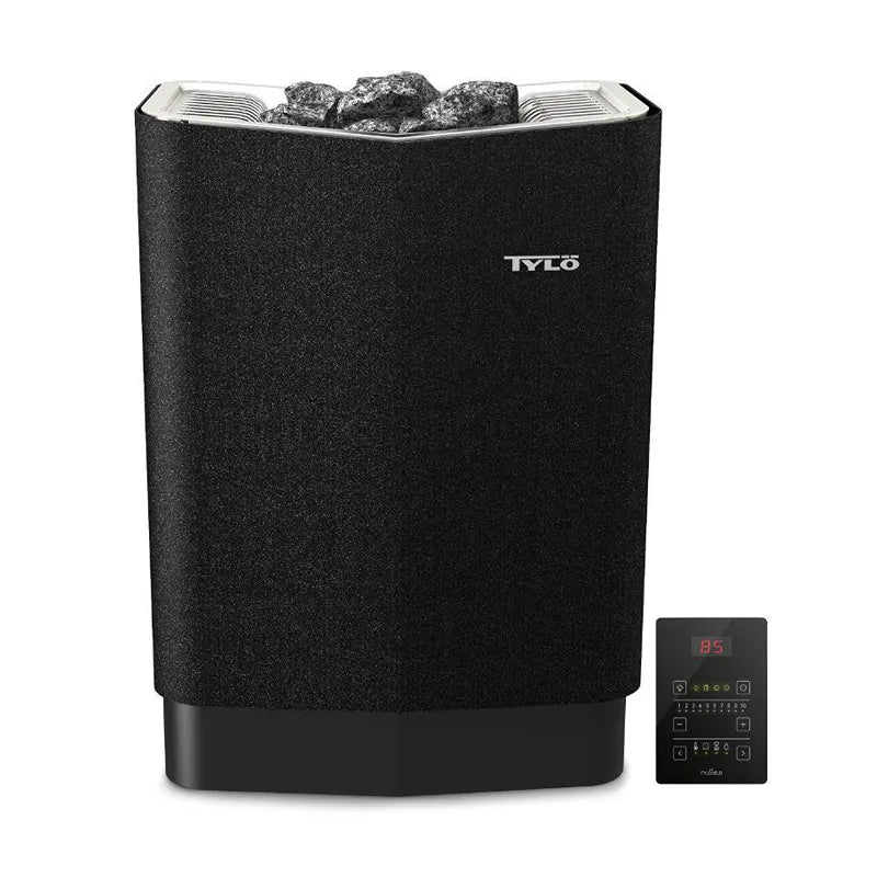 Tylö Sense Saunaofen 6–10 kW mit schwarzem Design, gefüllten Saunasteinen und Pure Steuerung