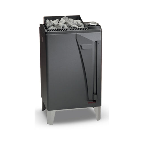 Infraworld Verdampferofen Bi-O Max in Anthrazit mit gefülltem Saunasteinkorb und Steuereinheit oben, auf Edelstahlbeinen montiert