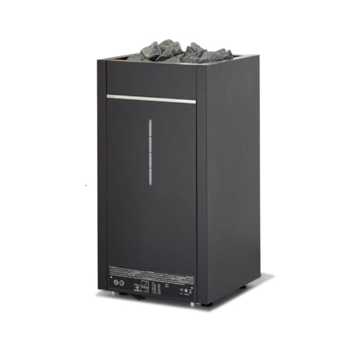 Infraworld Verdampferofen Hotline S10 mit schwarzem Gehäuse, gefüllt mit grauen Saunasteinen, seitliches Schauloch und Bedienelemente unten