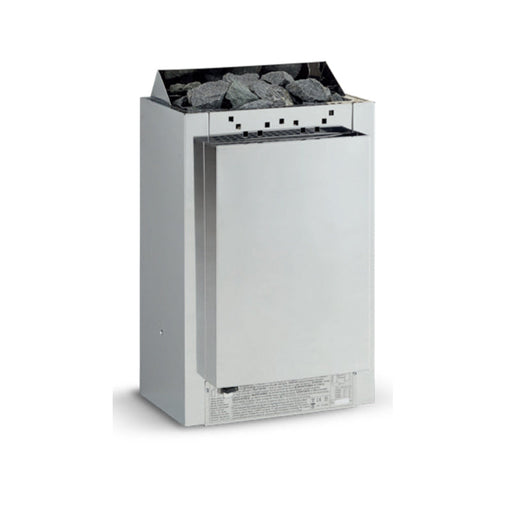 Weißer Infraworld Verdampferofen Hotline S4 mit Steuerung, gefüllt mit grauen Saunasteinen, kompakte Bauform für Saunen und Infrarotkabinen