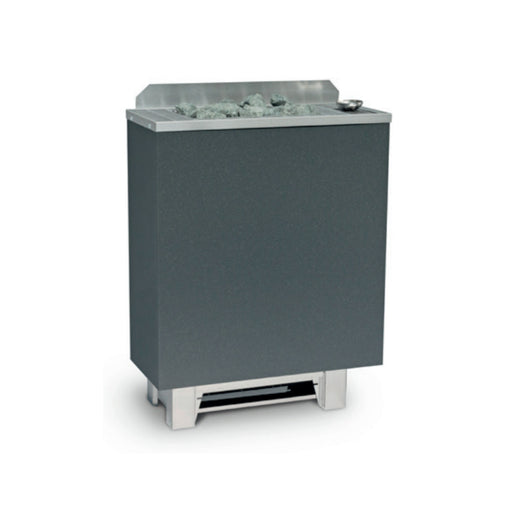 Infraworld Verdampferofen Hotline S9 mit grauem Korpus, gefülltem Steinbehälter oben und Heizelement unten