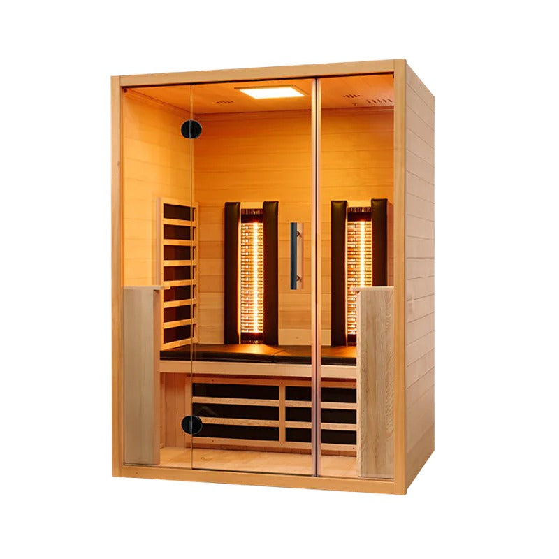 Moderne Infrarotkabine Moonlight 140 aus Holz mit Glastüren, zwei Infrarotheizern und Sitzbänken für zwei Personen