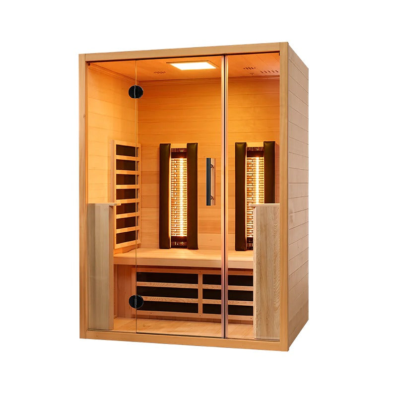 Modernes Infrarotkabinen-Modell VITALhome Moonlight 140 für zwei Personen mit Holzverkleidung, Glastüren und beheizbaren Infrarot-Flächenstrahler in der Kabine