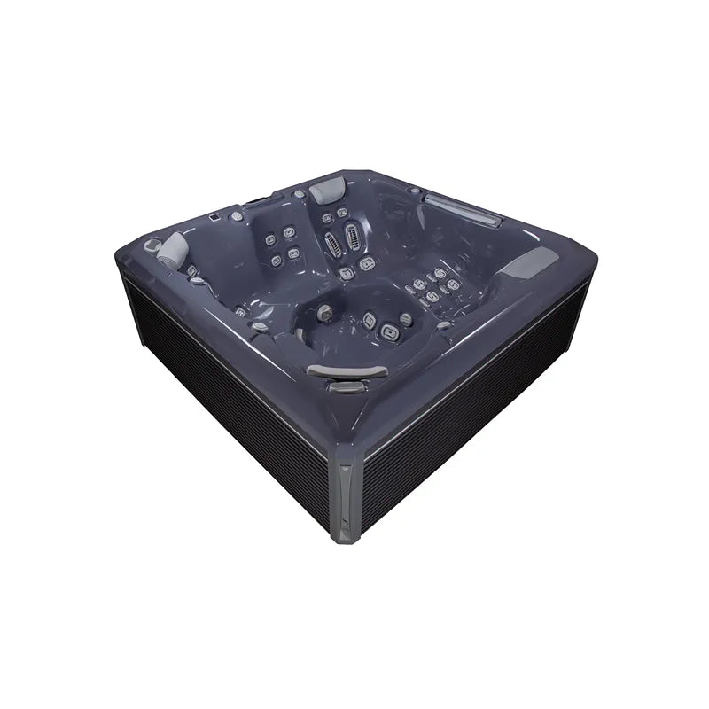 Wellis Atlas Life Premium Whirlpool mit 6 Sitzen und 43 Jets, Draufsicht auf dunkelblauem Becken mit Kontrollelementen