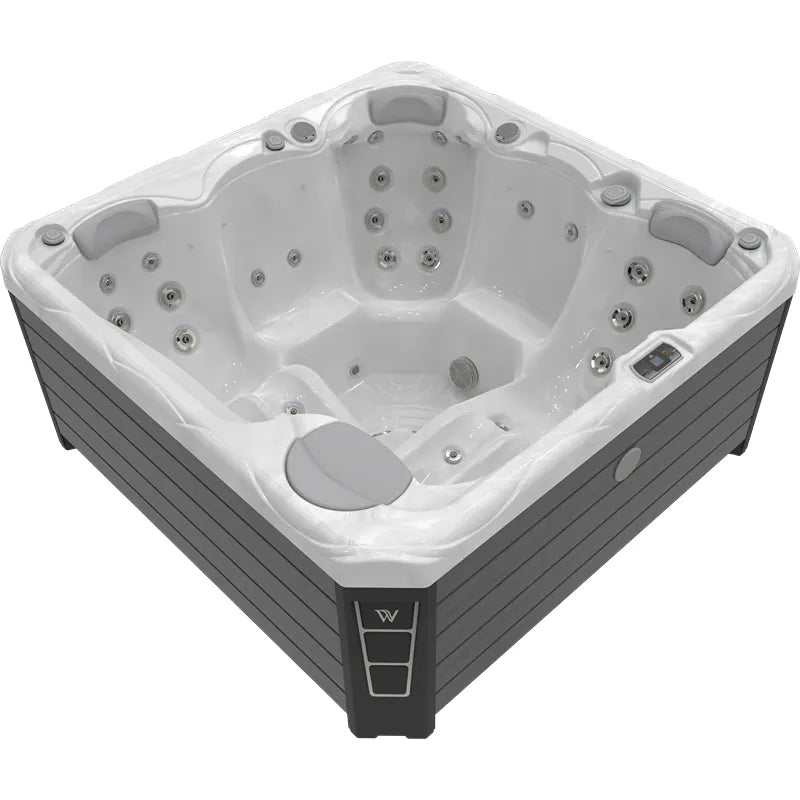 Wellis Budapest Life Premium-Whirlpool mit Massagedüsen, grauem Rahmen und weißem Innenbereich für 5 Personen