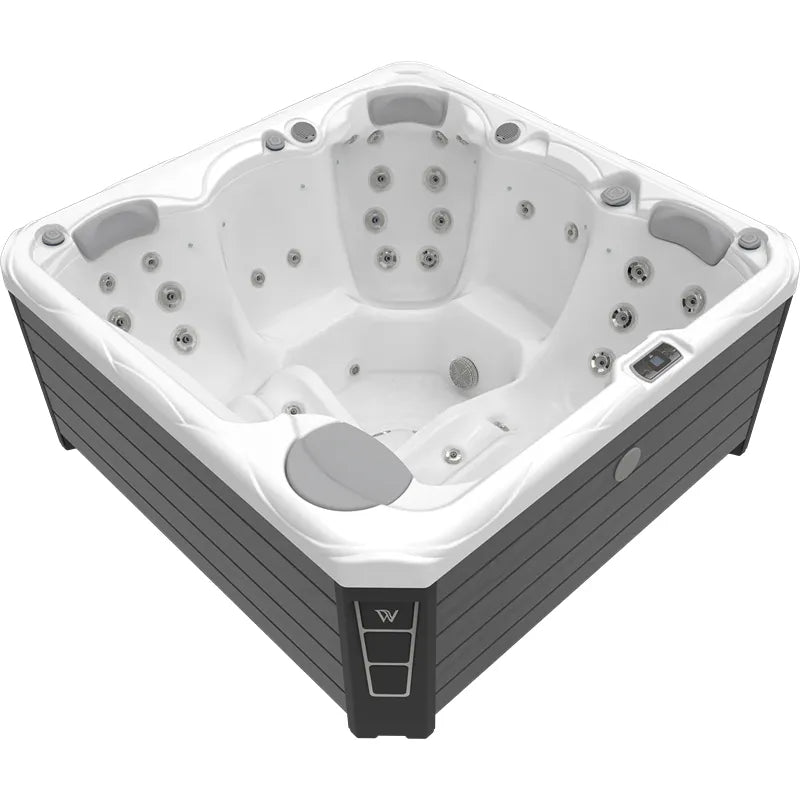 Wellis Budapest Life Premium-Whirlpool von oben mit Massagedüsen und Sitzplätzen für 5 Personen