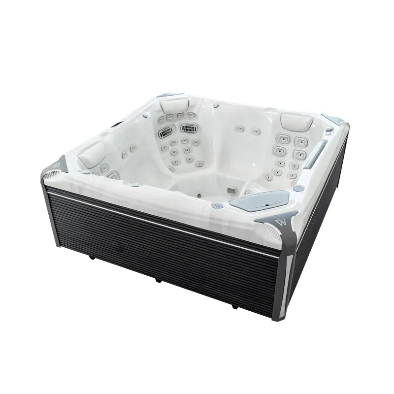 Wellis Everest Life Premium Whirlpool mit 5 Sitzplätzen, 68 Jets, weißes Becken mit schwarzem Rahmen, Draufsicht auf Massagedüsen