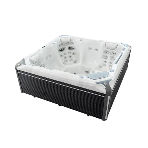 Wellis Everest Life Premium Whirlpool mit 5 Sitzplätzen, 68 Jets, weißes Becken mit schwarzem Rahmen, Draufsicht auf Massagedüsen