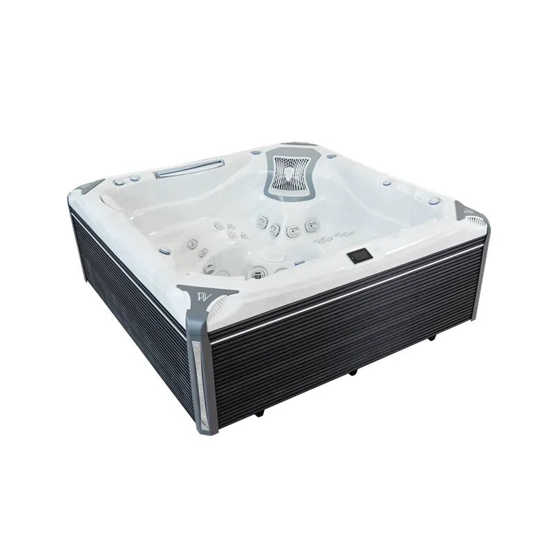 Wellis Everest Life Premium Whirlpool mit weißem Becken, schwarzem Rahmen, 5 Sitze und 68 Jets Massagedüsen