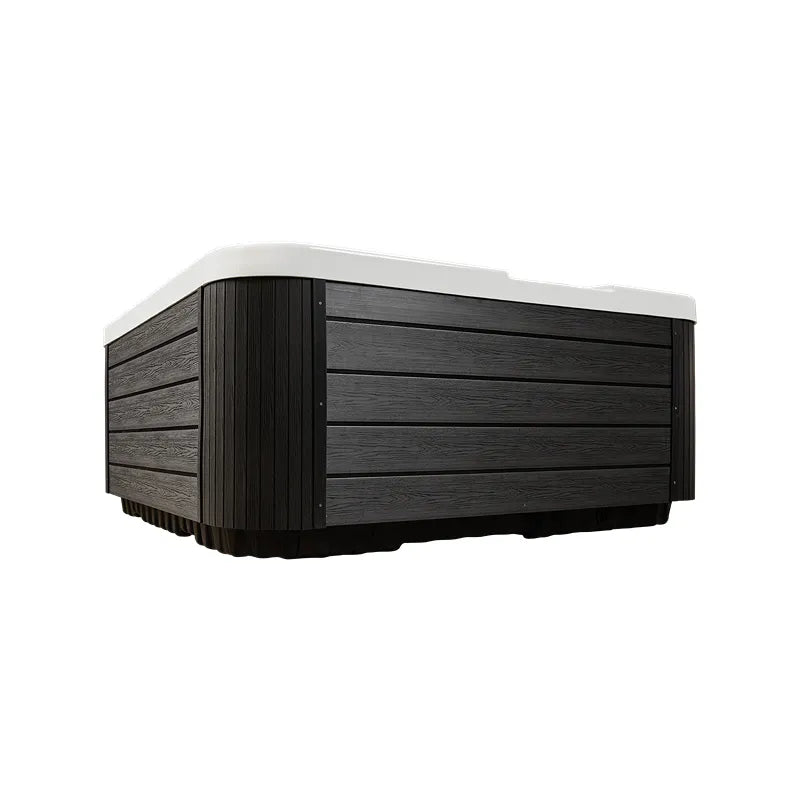 Wellis Firenze Life Premium Hot Tub with black wood decor and white rim, exterior view