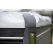 Wellis Kilimanjaro Life Premium Whirlpool mit weißem Rand und schwarzem Holzdekor, Detailansicht des Wellis-Logos