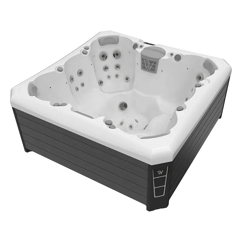 Wellis Lima Life Premium-Whirlpool mit weißem Becken, schwarzem Rahmen und Massagedüsen, 7 Sitzplätze