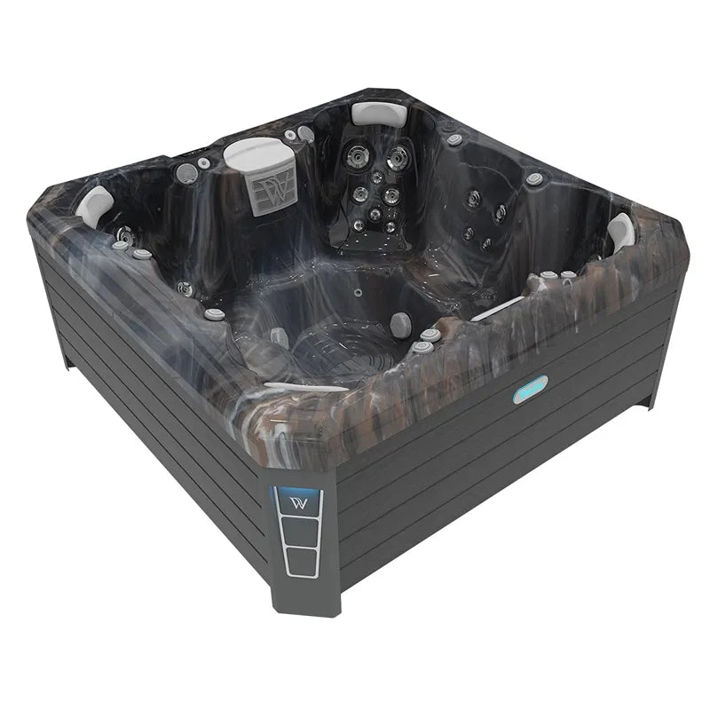 Wellis Lima Life Premium-Whirlpool von oben mit 7 Sitzplätzen, schwarzem Außengehäuse und Holzoptik-Umrandung