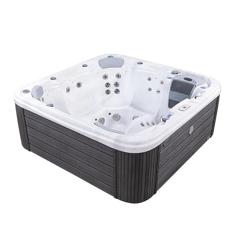 Wellis Lugano Life Premium Hot Tub with white interior, dark grey wood-look exterior and multiple massage jets for 6 people