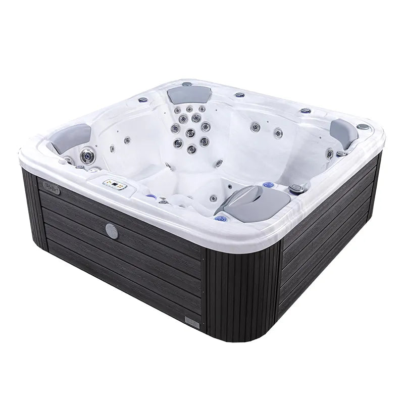 Wellis Lugano Life Premium-Whirlpool mit weißem Becken, grauen Kopfstützen und schwarzem Außengehäuse, 6 Personen