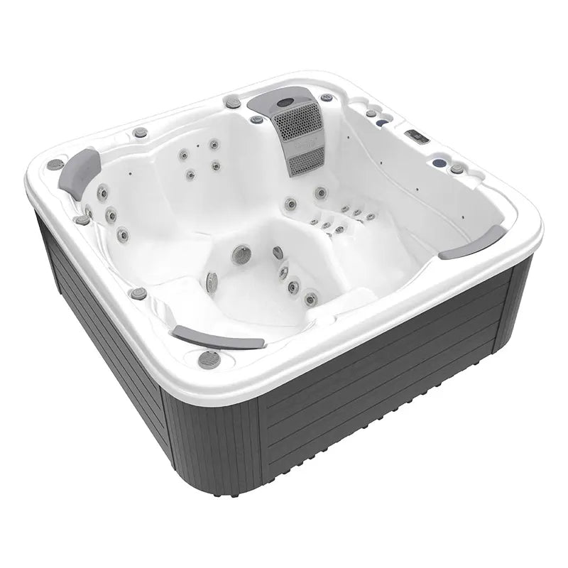 Wellis Lugano Life Premium-Whirlpool mit weißem Innenraum, grauen Außenwänden und integrierten Düsensystemen für 6 Personen
