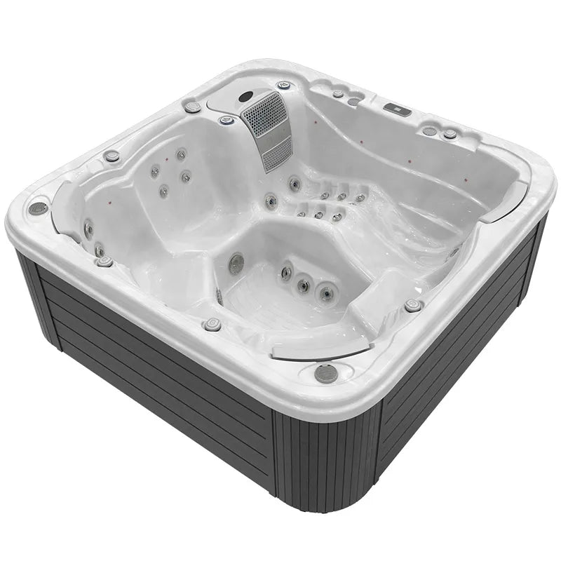Wellis Lugano Life Premium-Whirlpool mit weißem Innenraum, Düsen und grauem Außengehäuse, Ansicht von oben