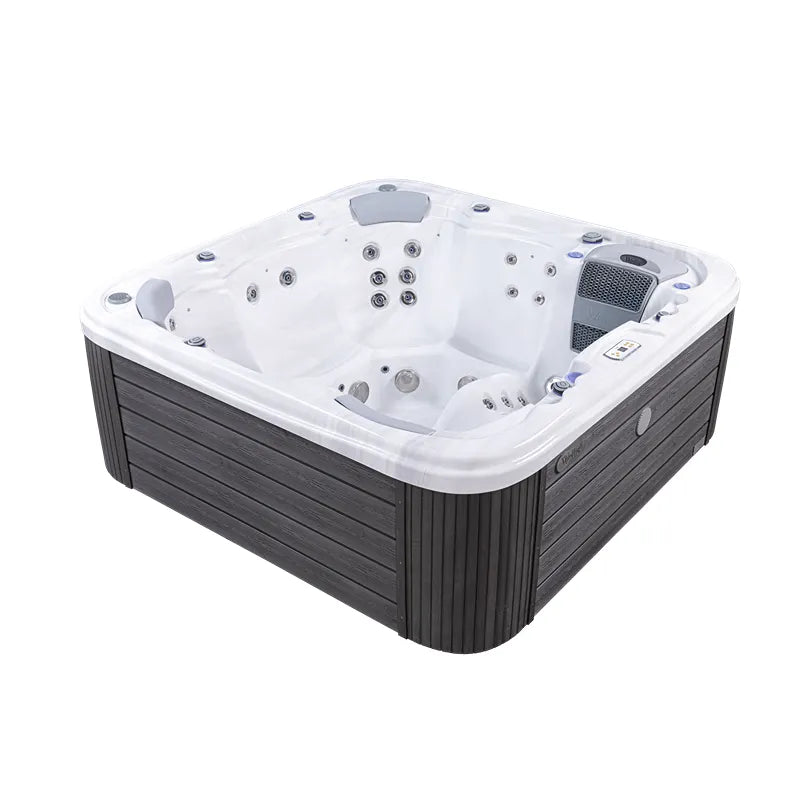 Wellis Lugano Life Premium-Whirlpool mit weißem Becken, grauen Seitenpaneelen und Massagedüsen, Draufsicht