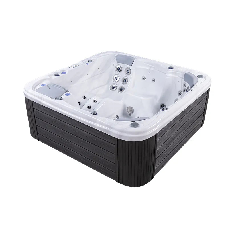 Wellis Lugano Life Premium-Whirlpool mit weißem Becken, grauen Holzpaneelen und Massagedüsen, Ansicht von schräg oben