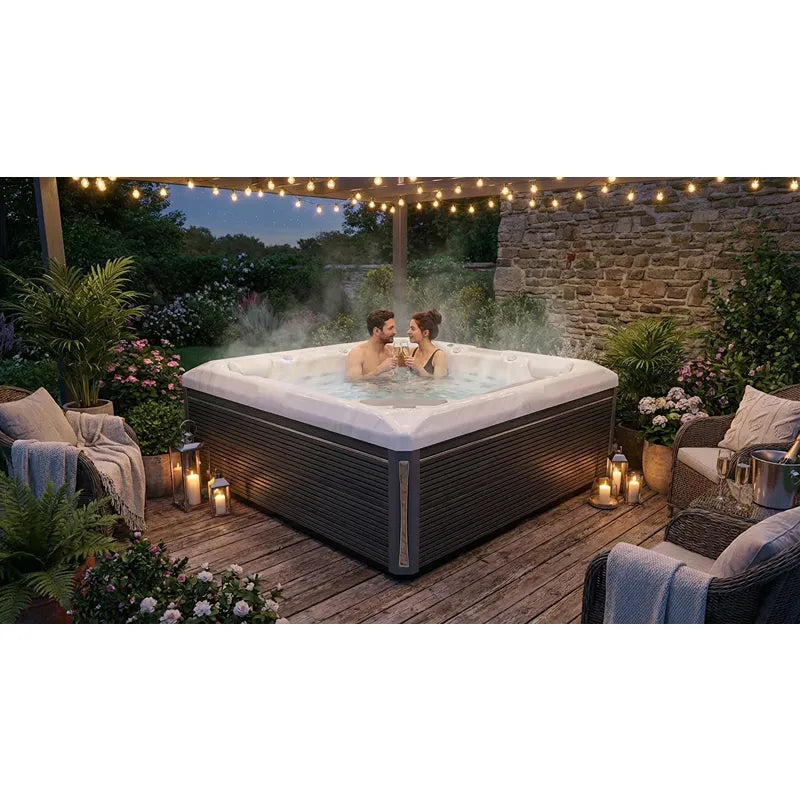 Wellis Makalu Life Premium Whirlpool mit 5 Sitzen in eleganter Gartenlandschaft bei Nacht, Paar entspannt im warmen Wasser