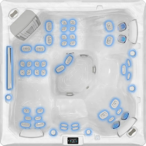 Makalu Life Premium Whirlpool von Wellis von oben, 51 Jets mit blauer Beleuchtung, 5-Sitzer Whirlpool