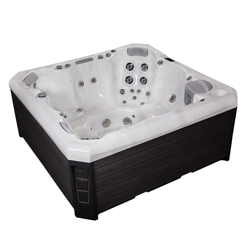 Wellis Malaga Life Premium-Whirlpool mit weißem Becken, schwarzem Rahmen und Massagedüsen für 6 Personen