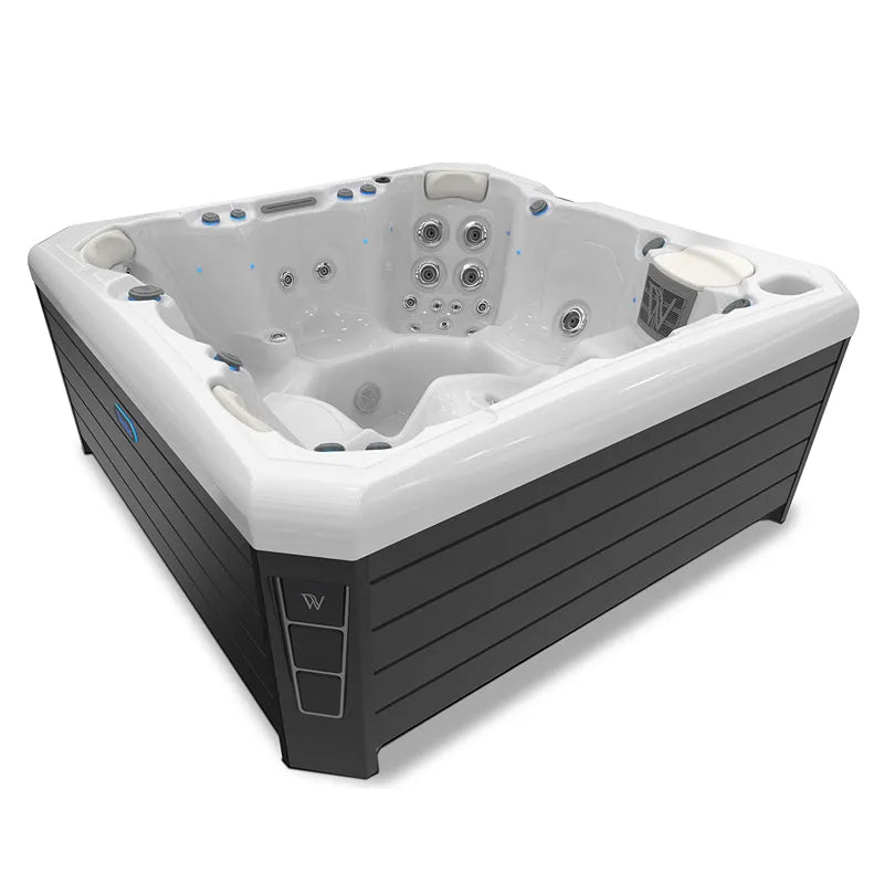 Wellis Malaga Life Premium-Whirlpool mit weißem Innenraum, schwarzem Außengehäuse und mehreren Massagedüsen