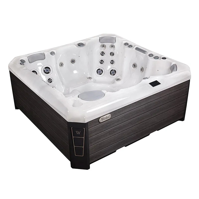 Wellis Malaga Life Premium-Whirlpool mit weißem Innenraum, schwarzem Rahmen und zahlreichen Düsen für 6 Personen