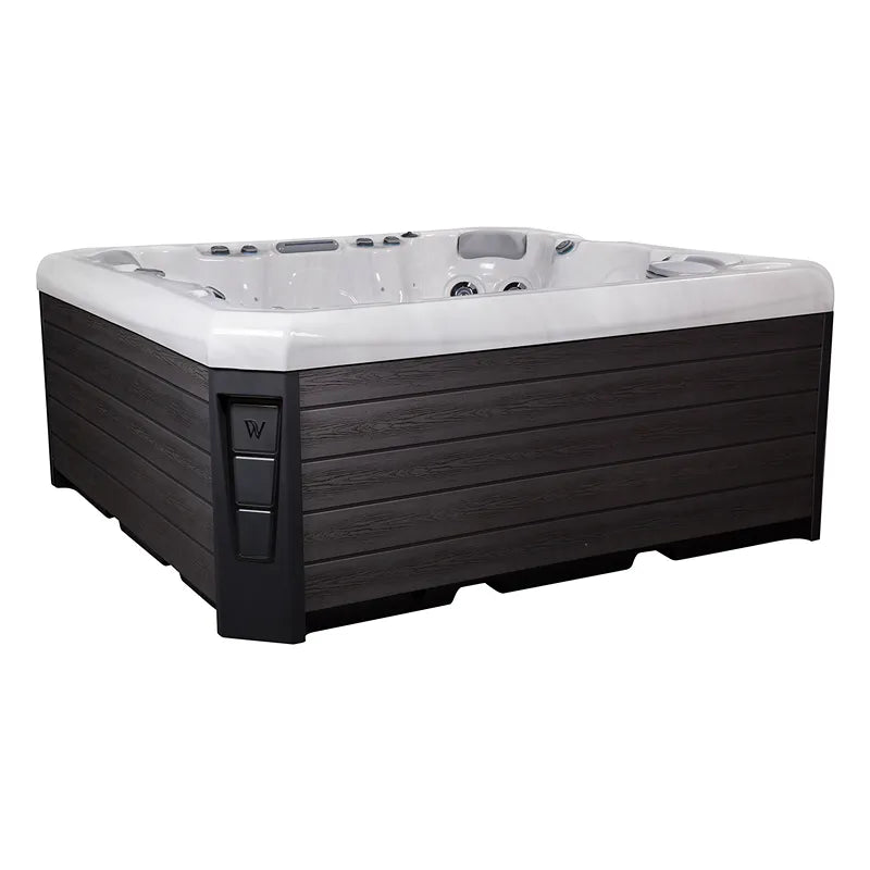 Wellis Malaga Life Premium-Whirlpool mit weißem Innenraum und schwarzem Holzdekor-Außengehäuse