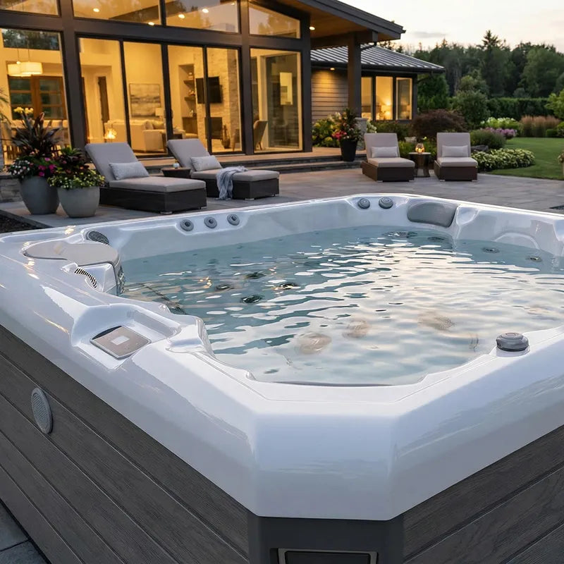Wellis Malaga Life Premium-Whirlpool mit sprudelndem Wasser auf moderner Terrasse, umgeben von Loungemöbeln und beleuchteter Villa