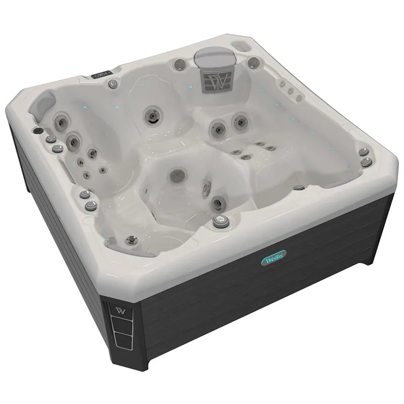 Wellis Malaga Life Premium-Whirlpool mit weißem Becken, mehreren Massagedüsen und schwarzem Außenrahmen