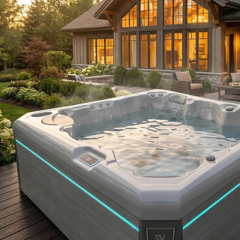 Wellis Malaga Life Premium-Whirlpool mit LED-Beleuchtung auf Terrasse vor modernem Haus