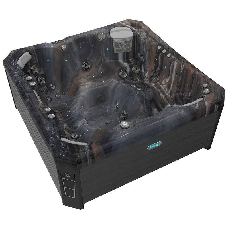 Wellis Malaga Life Premium-Whirlpool von oben mit schwarzem Becken, Massagedüsen und türkisen Akzenten