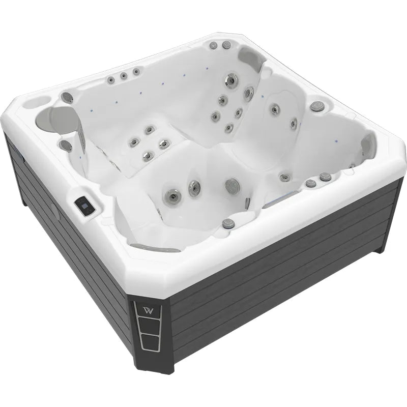 Wellis Malaga Life Premium-Whirlpool mit weißem Innenraum, mehreren Massagedüsen und dunkelgrauem Außenrahmen, Draufsicht