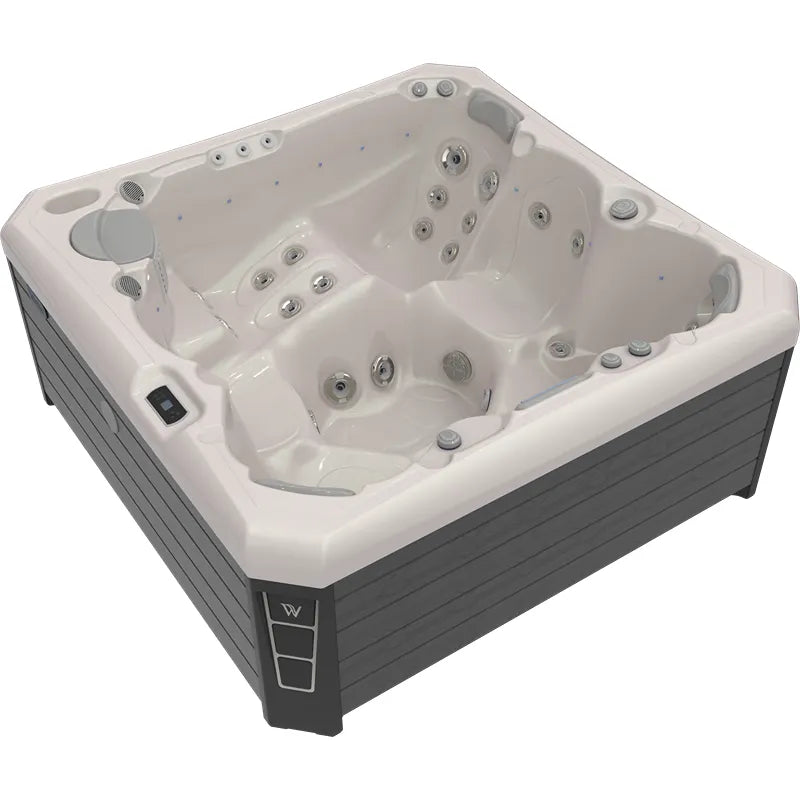 Wellis Malaga Life Premium-Whirlpool mit weißem Becken, Massagedüsen und grauem Untergestell, Ansicht von oben