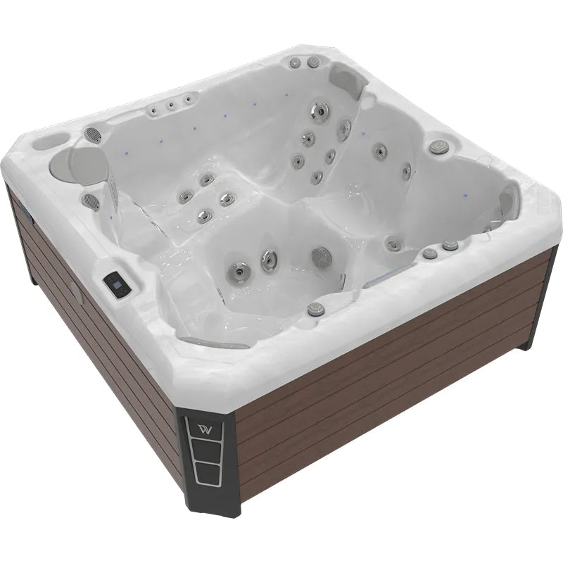 Wellis Malaga Life Premium-Whirlpool mit weißem Becken, Massagedüsen und brauner Holzverkleidung, von oben