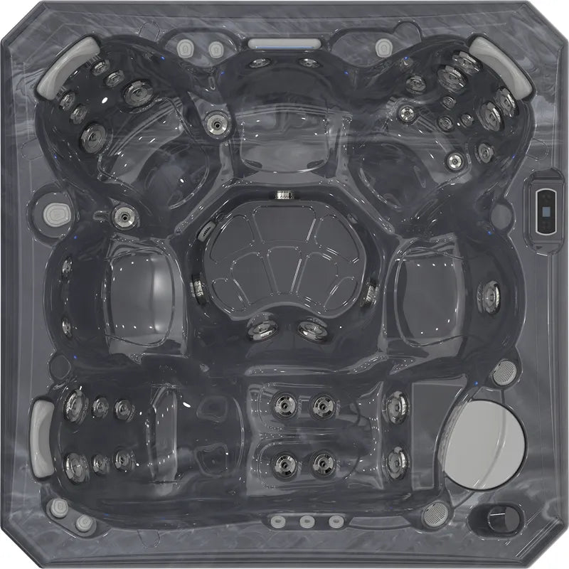 Wellis Malaga Life Premium-Whirlpool von oben, schwarze Wanne mit Düsen und Sitzbereichen für 6 Personen