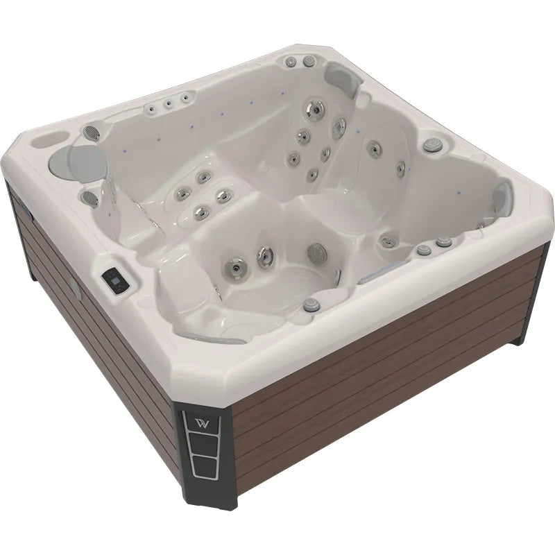 Wellis Malaga Life Premium-Whirlpool mit weißem Becken, braunem Außenverkleidung und zahlreichen Massagedüsen von oben