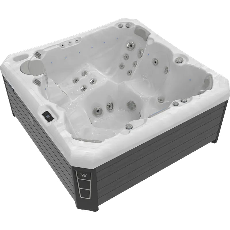 Wellis Malaga Life Premium-Whirlpool mit weißem Innenraum, Massagedüsen und grauem Untergestell