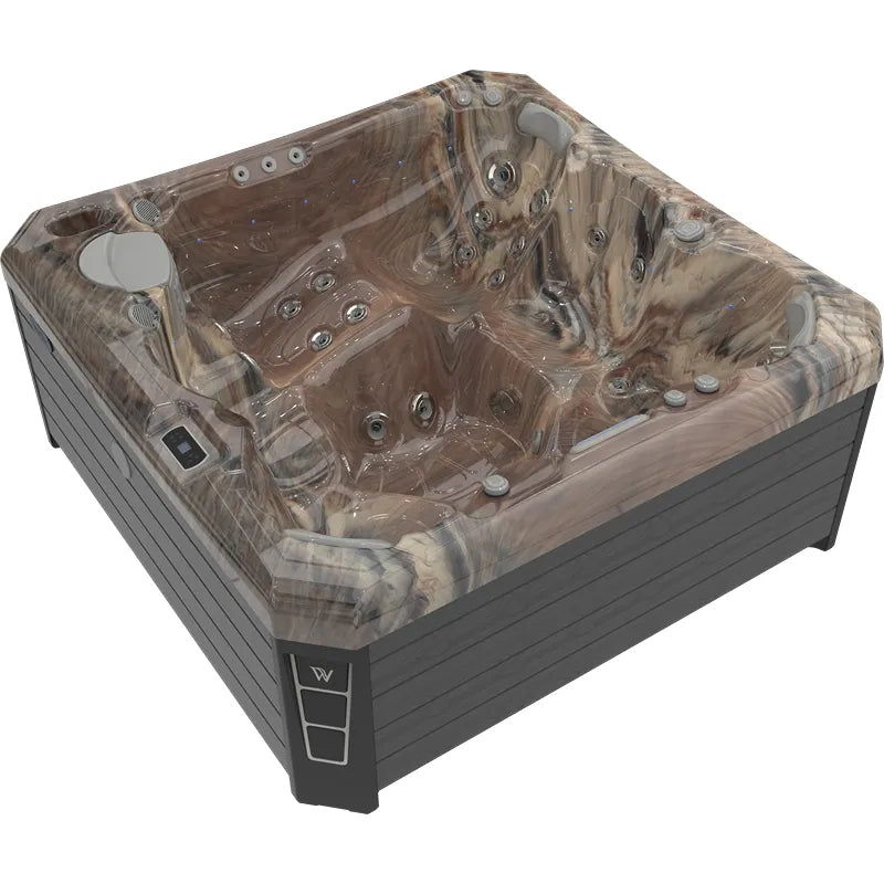 Wellis Malaga Life Premium-Whirlpool von oben mit Holzoptik-Innenraum, Massagedüsen und Bedienfeld