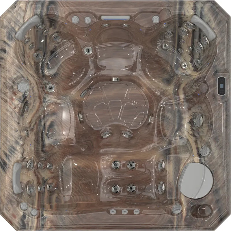 Wellis Malaga Life Premium-Whirlpool von oben mit Massagedüsen, Sitzplätzen und Holzumrandung