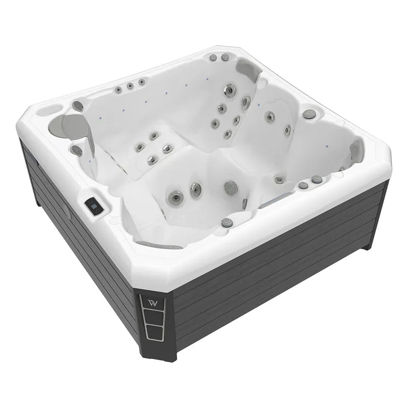 Wellis Malaga Life Premium-Whirlpool von oben mit weißem Becken, Massagedüsen und schwarzem Rahmen