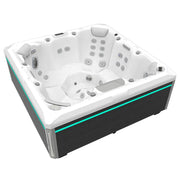 Wellis Mandala Life Premium Whirlpool mit 7 Sitzen, 46 Jets, weißes Becken mit schwarzem Rahmen und türkiser Beleuchtung
