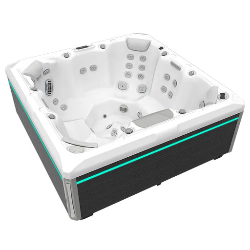 Wellis Mandala Life Premium Whirlpool mit 7 Sitzen, 46 Jets, weißes Becken mit schwarzem Rahmen und türkiser Beleuchtung