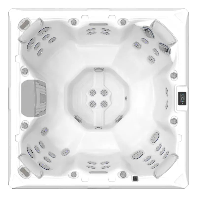 Wellis Mandala Life Premium Whirlpool von oben mit 7 Sitzplätzen, 46 Düsen und Steuerungspanel