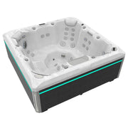 Wellis Mandala Life Premium Whirlpool mit 7 Sitzplätzen, 46 Massagedüsen, weißem Interieur und schwarzem Außengehäuse mit türkisem LED-Streifen