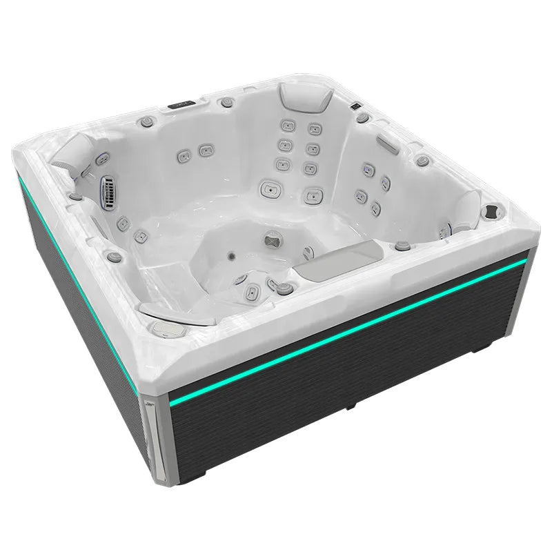 Wellis Mandala Life Premium Whirlpool mit 7 Sitzplätzen, 46 Massagedüsen, weißem Interieur und schwarzem Außengehäuse mit türkisem LED-Streifen